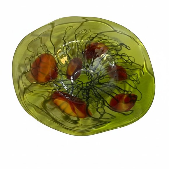 Vintage 1970s LARGE Green and Orange Murano Style Hat Bowl 19 Inches